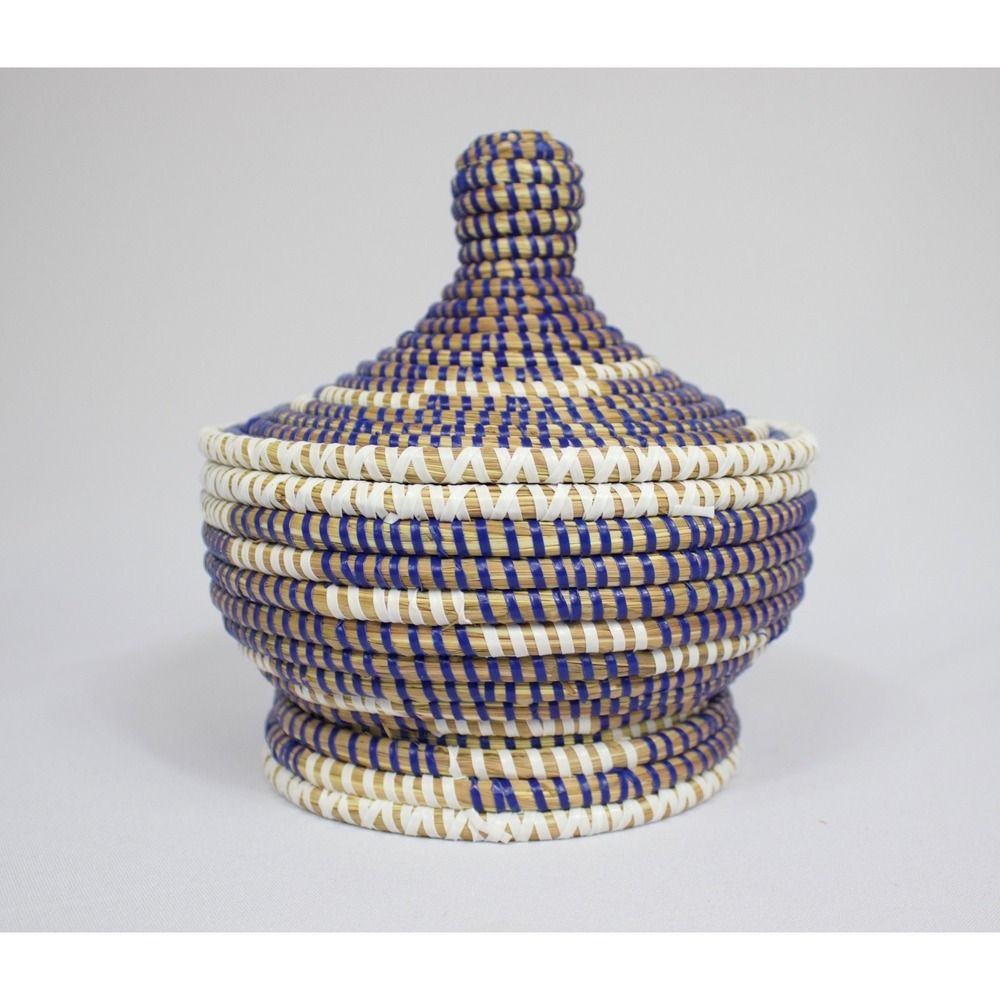 African Hand Woven Seagrass Lidded Basket Blue & White 8" Coil Boho